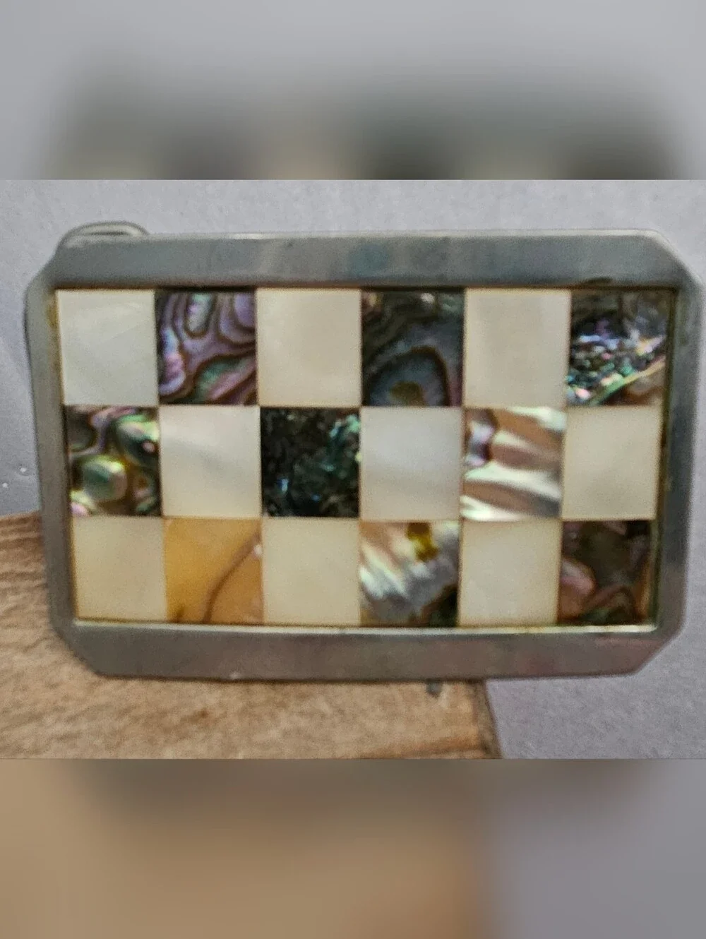 Decorative Abalone and Mother-of-Pearl Checkered Belt Buckle Circa '70s
